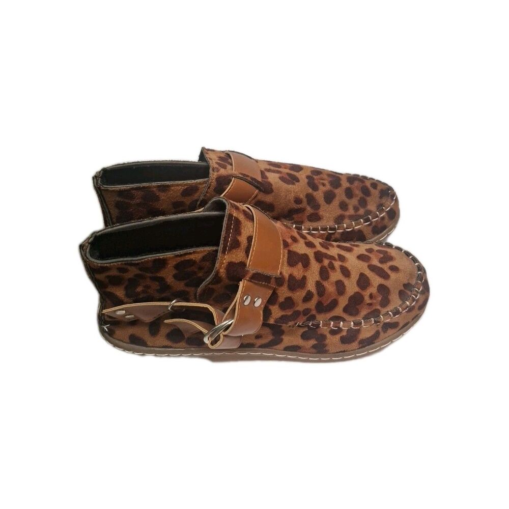 Womens Brown Leopard Buckle Moccasin 7.5 Boot Flat Heel Boutique